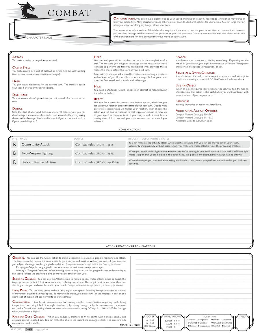 Combat Actions Sheet - Dungeon Masters Guild | Dungeon Masters Guild